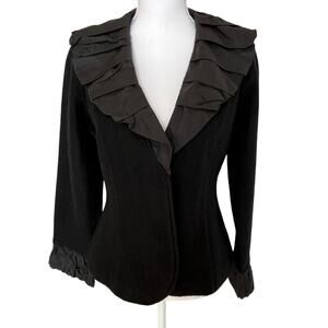 Soft Surroundings Jacket Cardigan Size Small Black Wool Blend Taffeta Ruffles